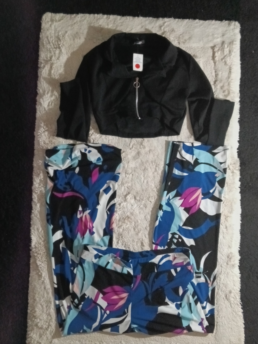 Women’s Floral Print Wide-Leg Pants - Black/Blue/Purple with Black Crop top